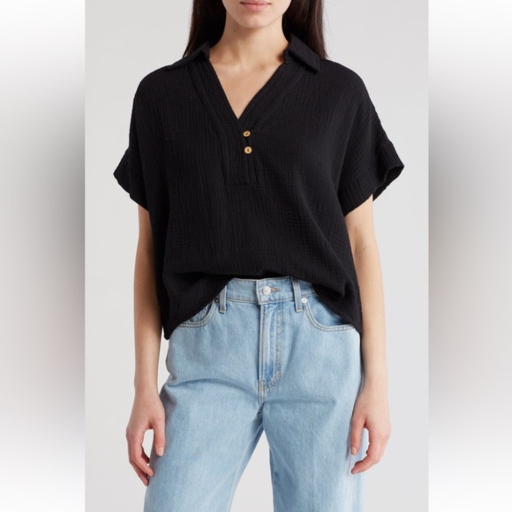RAIN Black Cotton Guaze Camp Shirt Drapey Popover Button Down Top Women’s Size L